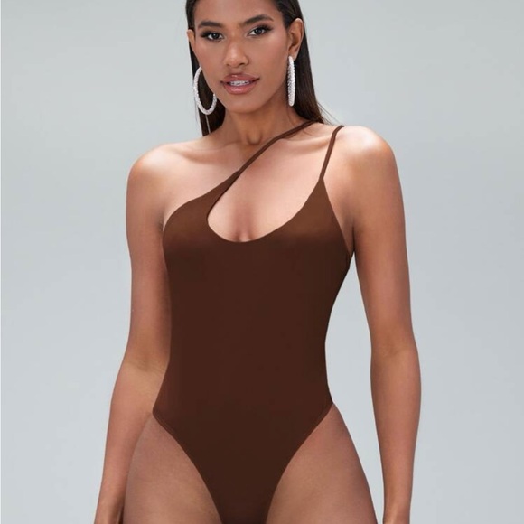 One-Shoulder Bodysuit | Brown (S) | Asymmetrical Cutout - Picture 1 of 7